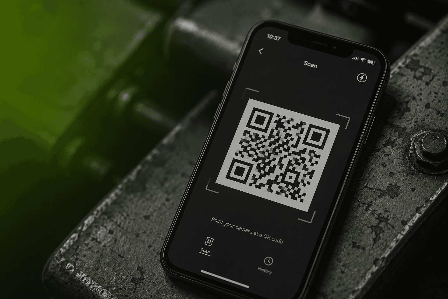 Black and white phone scanning a QR code illustration
